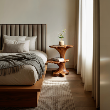 Artistic Wooden Two Tier Nightstand Sculptural Base For Bedroom