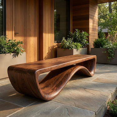 Artistic Wooden Bench With Unique Flowing Base For Modern Home