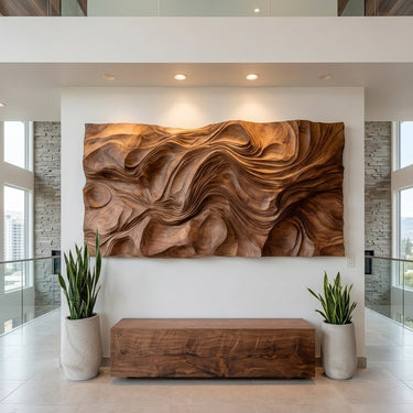 Contemporary Wood Wall Art Wave Carved Design For Wall Decor