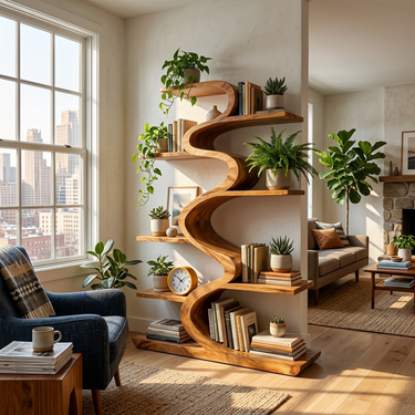 Modern Wooden Bookshelf Flowing Form For Living Room