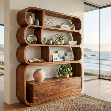 Modern Natural Wood Bookshelf With Curved Structure For Living Room