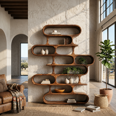 Organic Sculptural Wood Bookshelf With Curved Form For Living Room Or Office