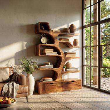 Contemporary Wooden Bookshelf Sculpted Design For Living Space