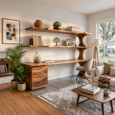 Wooden Desk With Open Bookcase And Drawers For Modern Workspace