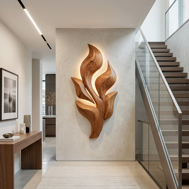 Sculptural Wooden Leaf Wall Lamp With Warm Light For Home