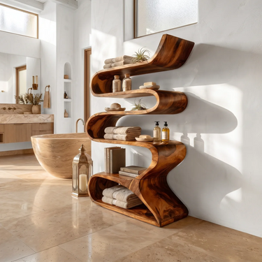 Sculptural Wooden Wall Shelf In Flowing Form