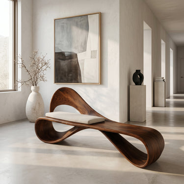 Modern Wooden Bench With Sculptural Curved Backrest For Reading Nook