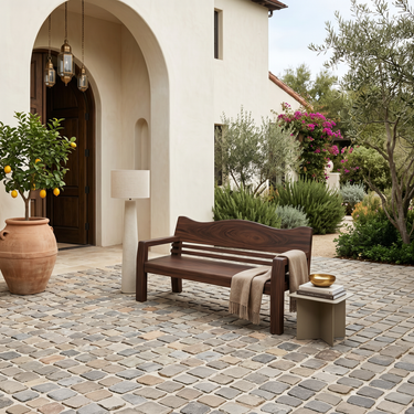 Rustic Outdoor Wooden Bench With Curved Backrest For Garden Or Porch