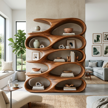 Modern Sculptural Bookshelf With Carved Flowing Shelves For Home
