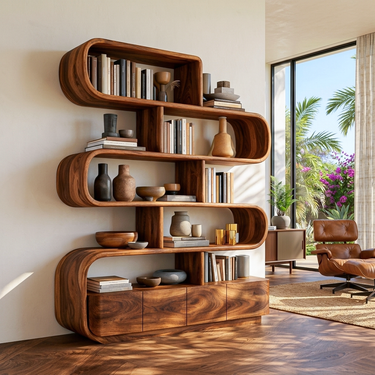 Organic Wooden Bookshelf With Flowing Form For Home Interior