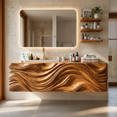 Modern Bathroom Vanity With Ocean Wave Carved Wood Cabinet For Home