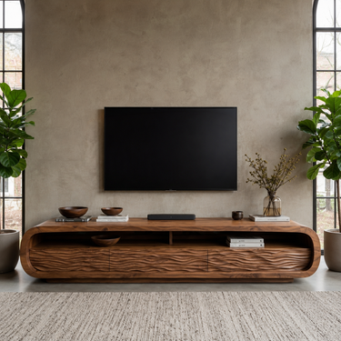 Luxury Rounded TV Console With Carved Waves For Living Room