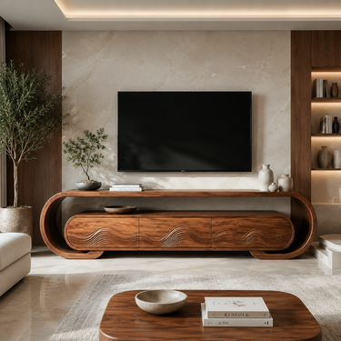 Contemporary TV Stand With Layered Wave Carved Doors For Living