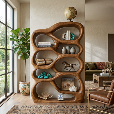 Handcrafted Bookshelf With Curved Open Compartments For Living Room