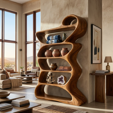 Wooden Bookshelf With Flowing Sculptural Silhouette For Living Room