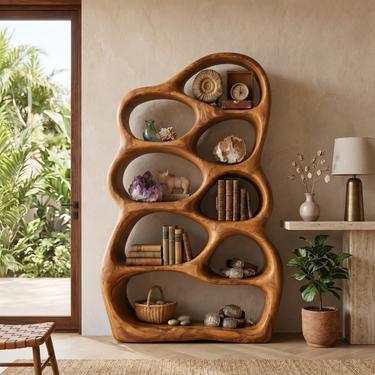 Artistic Sculptural Wood Bookshelf With Multi Tiers For Living Room