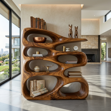 Wooden Bookshelf With Displaying Books And Collectibles For Living Room