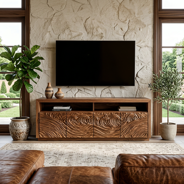 Modern Carved Wave TV Console With Open Shelf For Living