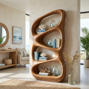 Nature Inspired Wooden Bookshelf With Organic Form For Contemporary Living