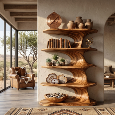 Modern Wooden Bookshelf With Flowing Organic Lines For Living Room