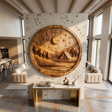 Round Camping Scene Wood Wall Art For Cozy Modern Home Decor