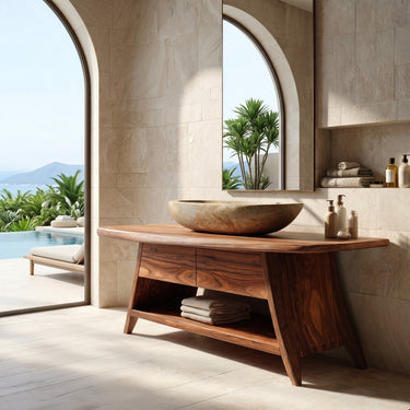 Organic Wood Bathroom Vanity With Open Storage For Bathroom