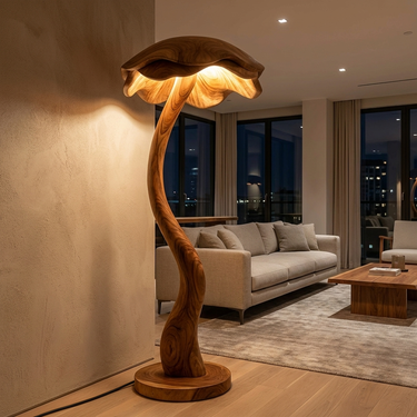 Modern Wooden Floor Lamp With Sculptural Lampshade For Home Decor