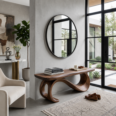 Rustic Wooden Bench With Sculptural Base For Entryway