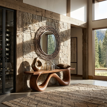 Organic Wooden Bench With Flowing Ribbon Base For Entryway