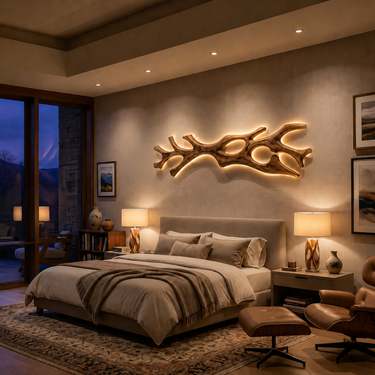 Wooden Lamp Flowing Organic Root Design For Above Bed Decor