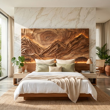 Modern Mountain Relief Wood Headboard For Marble Accent Bedroom