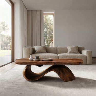 Organic Wooden Coffee Table With Sculptural Base For Living Room