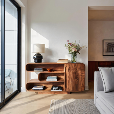 Modern Sideboard With Rounded Corners And Shelves For Living Room