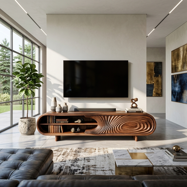 Modern Sculptural Wood TV Stand With Carved Door For Living Room