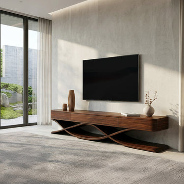 Modern TV Console With Interlocking Sculptural Base For Living Room