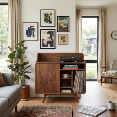Mid Century Wooden Record Player Stand For Living Room Decor