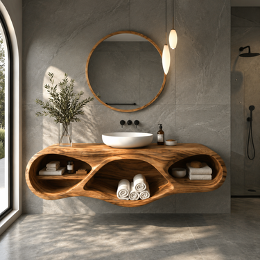Organic Bathroom Vanity With Oval Open Shelves For Spa Bathroom