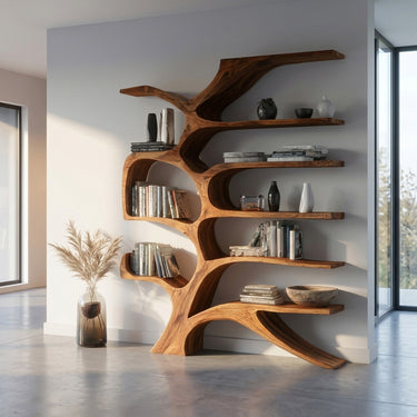 Contemporary Sculpted Wooden Bookshelf For Living Room Decor