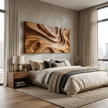 Wooden Wall Art With Hand Carved Wave For Modern Home