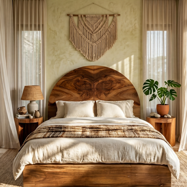 Boho Arch Wood Headboard For Neutral Earth Tone Bedroom