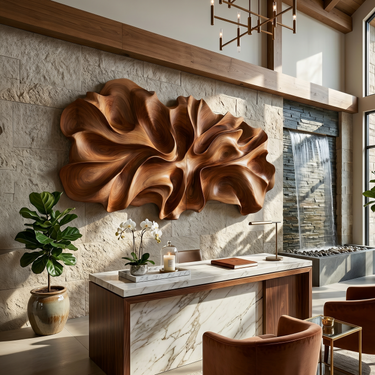 Luxury Abstract Floral Wood Wall Art Resort Reception Interior Design
