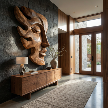 Handcrafted Wooden Face Wall Art With Sculptural Form For Interior