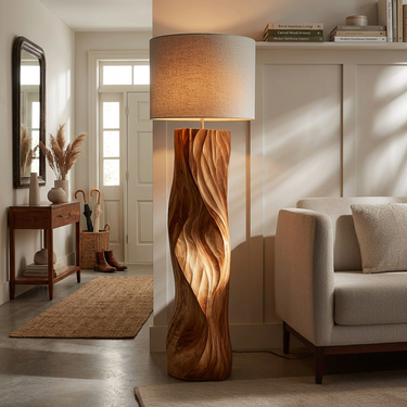Rustic Wooden Floor Lamp Sculptural Design For Cozy Bedroom