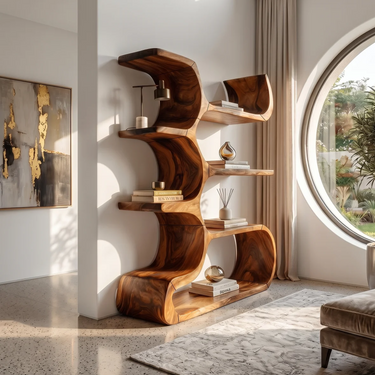 Contemporary Wooden Bookcase In Sculpted Curves