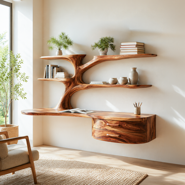 Rustic Wooden Desk With Sculptural Shelving And Drawer For Workspace