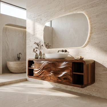 Handcrafted Floating Bathroom Cabinet With Open Shelf Sides For Bathroom