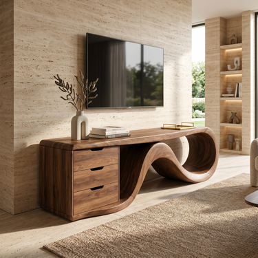 Wave Form Wooden Media Console Luxury Residence