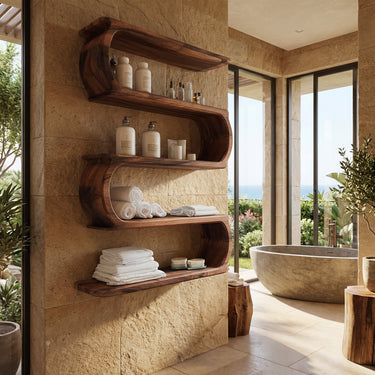 Minimal Natural Wood Floating Bathroom Shelves For Spa Decor