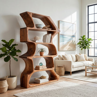 Organic Farmhouse Wooden Curved Bookshelf For Living Room