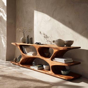 Sculptural Low Bookshelf With Multi Display Compartment For Living Room